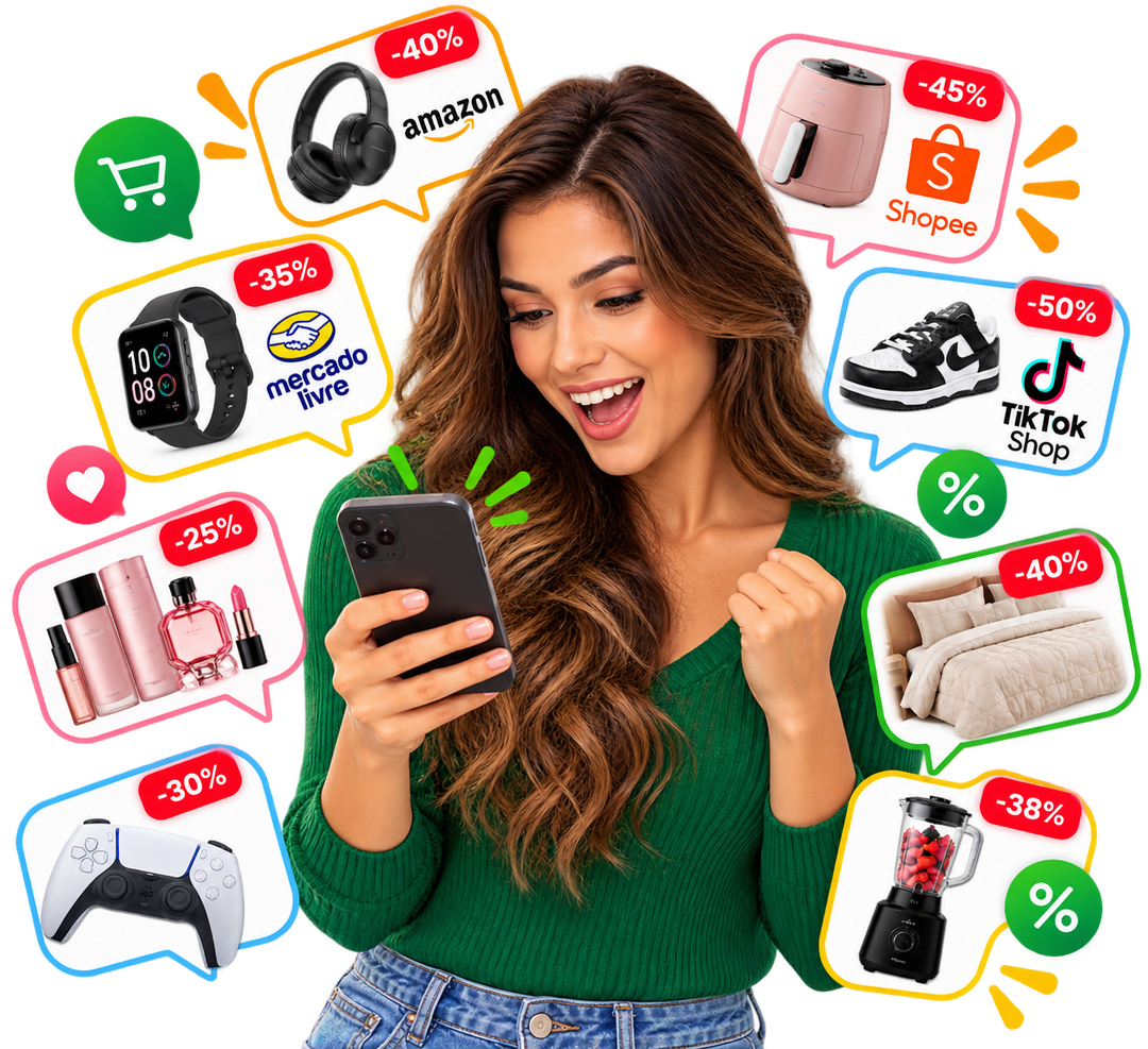 Mulher sorridente olhando ofertas no celular, cercada por balões com produtos em promoção da Amazon, Shopee, Mercado Livre e TikTok Shop, como fone de ouvido, air fryer, relógio inteligente, tênis, maquiagem, roupa de cama, controle de videogame e liquidificador, com descontos de 25% a 50%